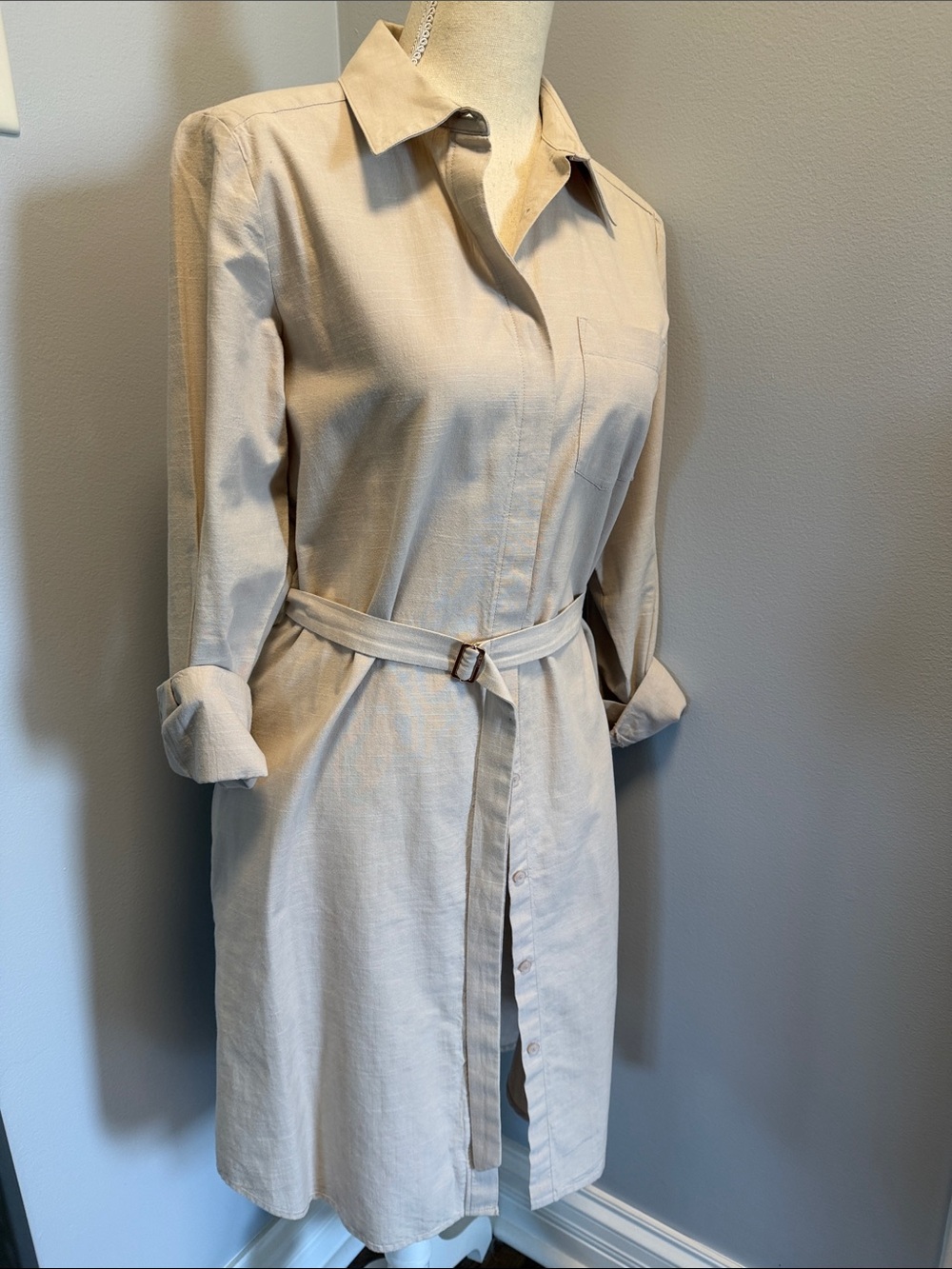 Calvin Klein Beige Long-Sleeve Shirt Dress with Belt